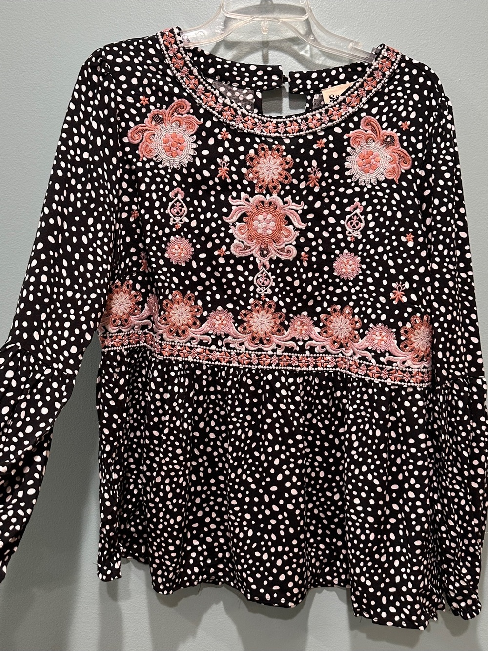 Savanna Jane Embroidered Floral Polka Dot Peplum Top - Pink on Black